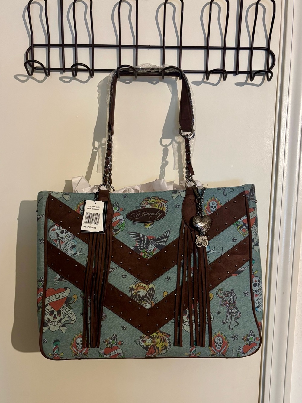 NWT Ed Hardy Blue Brown Tattoo Fringe Tote Bag Tiger Skull Y2K Charms Large